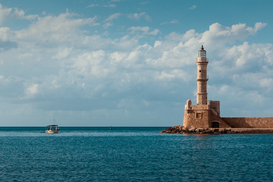 boat, lighthouse, sea, clouds, blue sky