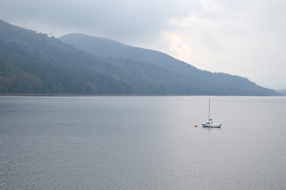 mountains, lake water, boat