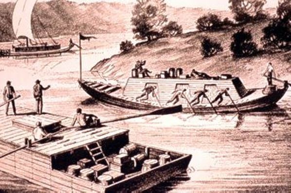 A flatboat passing a long cigar-shaped keelboat on the Ohio River