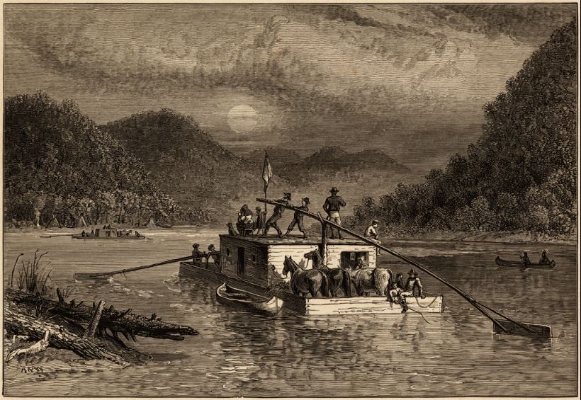 Traveling-by-flatboat-engraving-by-Alfred-R-Waud