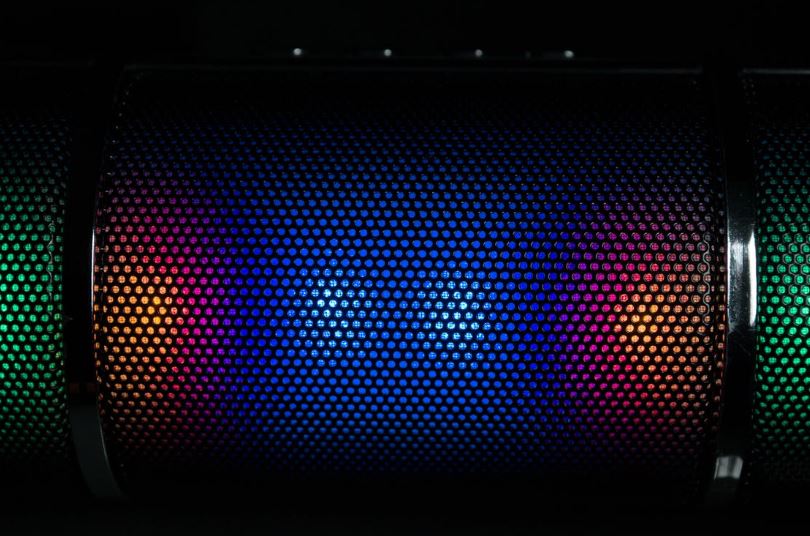 a close up photo of a speaker with LED lights